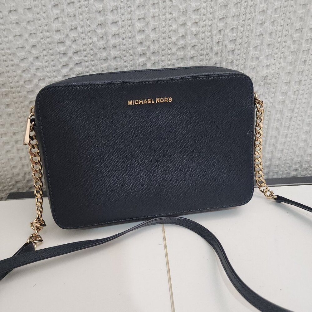 Michael Kors Jet Set Large Saffiano Leather Crossbody Bag Navy Blue